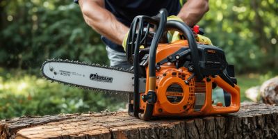 Professional chainsaw maintenance and repair service with technician