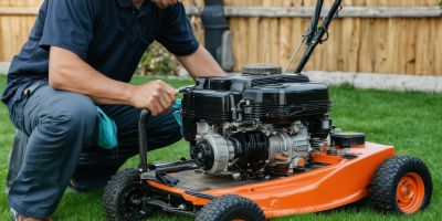 Lawn mower repair service with professional technician working on engine