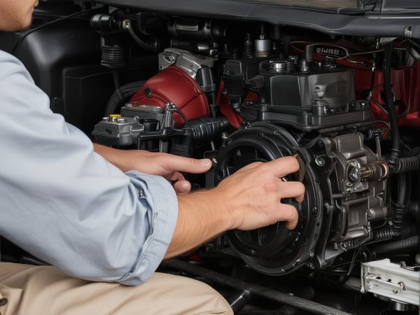 Various small engines being serviced in professional workshop